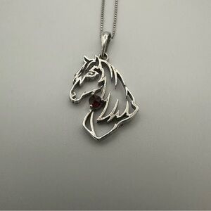 Sterling Silver Horse Pendant Necklace | 925 Italy Chain with Garnet Gemstone